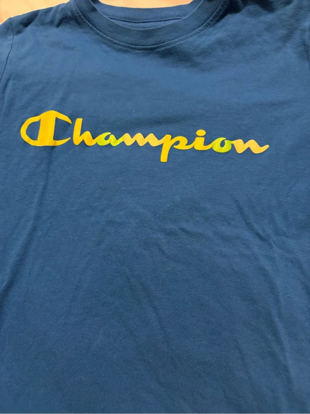 Champion Blue Tee with Multi-Color Logo Script shorts